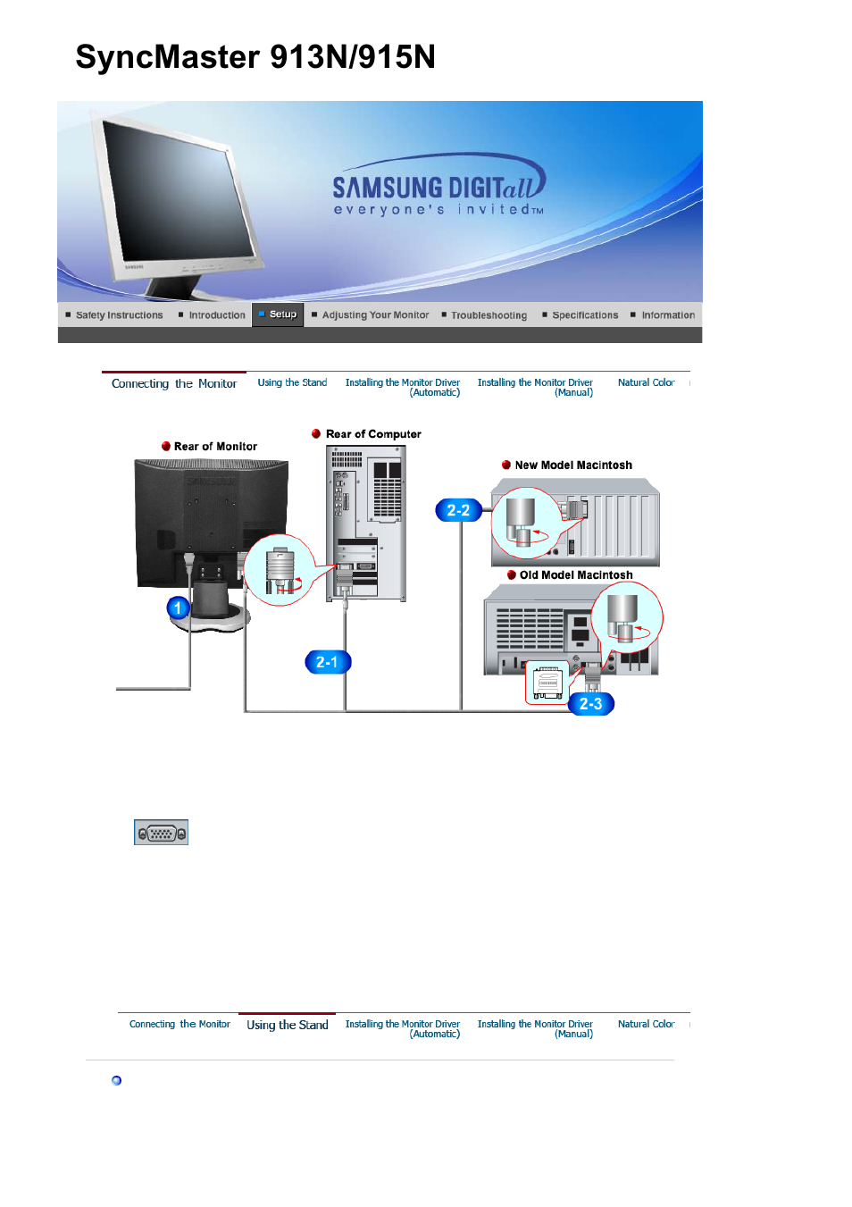 Connecting the monitor, Using the stand | Samsung SYNCMASTER 901B User Manual | Page 17 / 111
