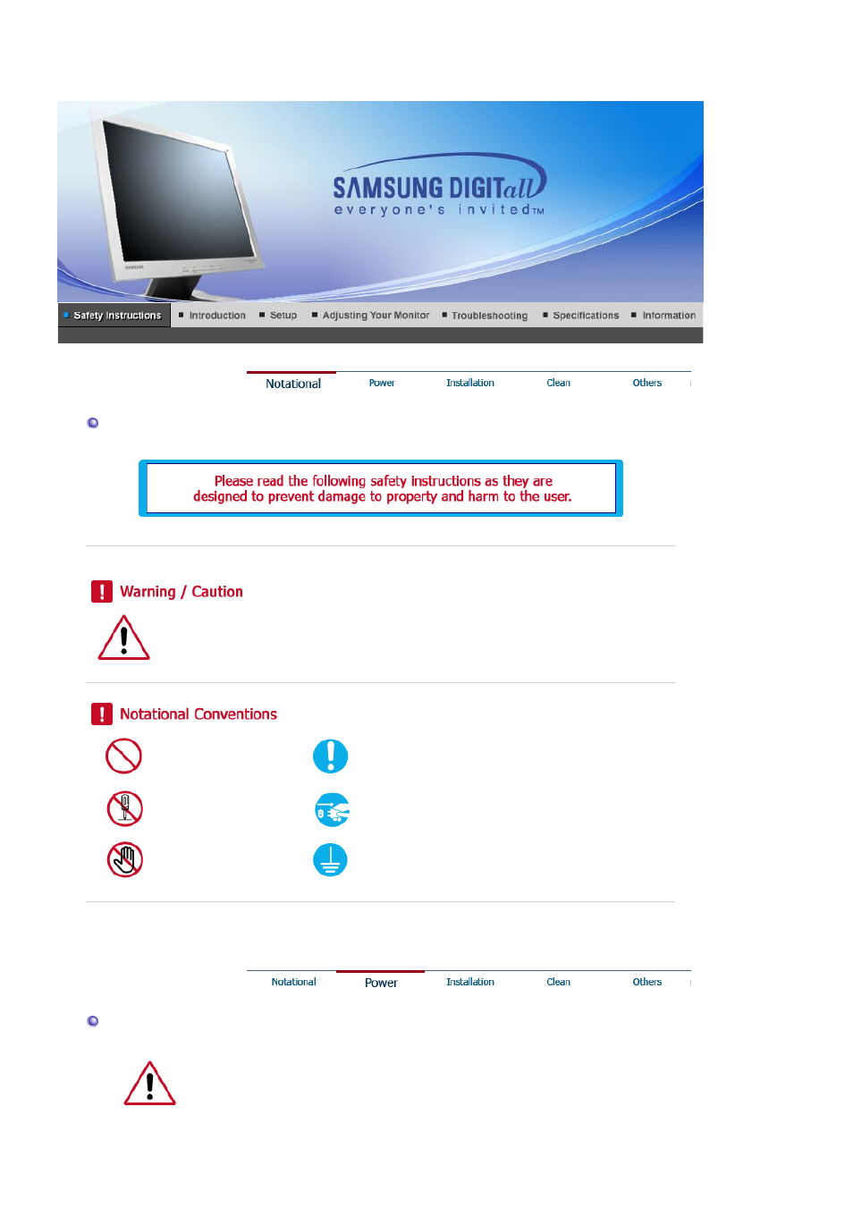 Safty instructions, Notational, Power | Samsung SYNCMASTER 901B User Manual | Page 2 / 111