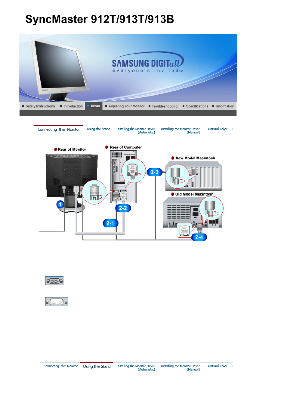 Connecting the monitor, Using the stand | Samsung SYNCMASTER 901B User Manual | Page 26 / 111