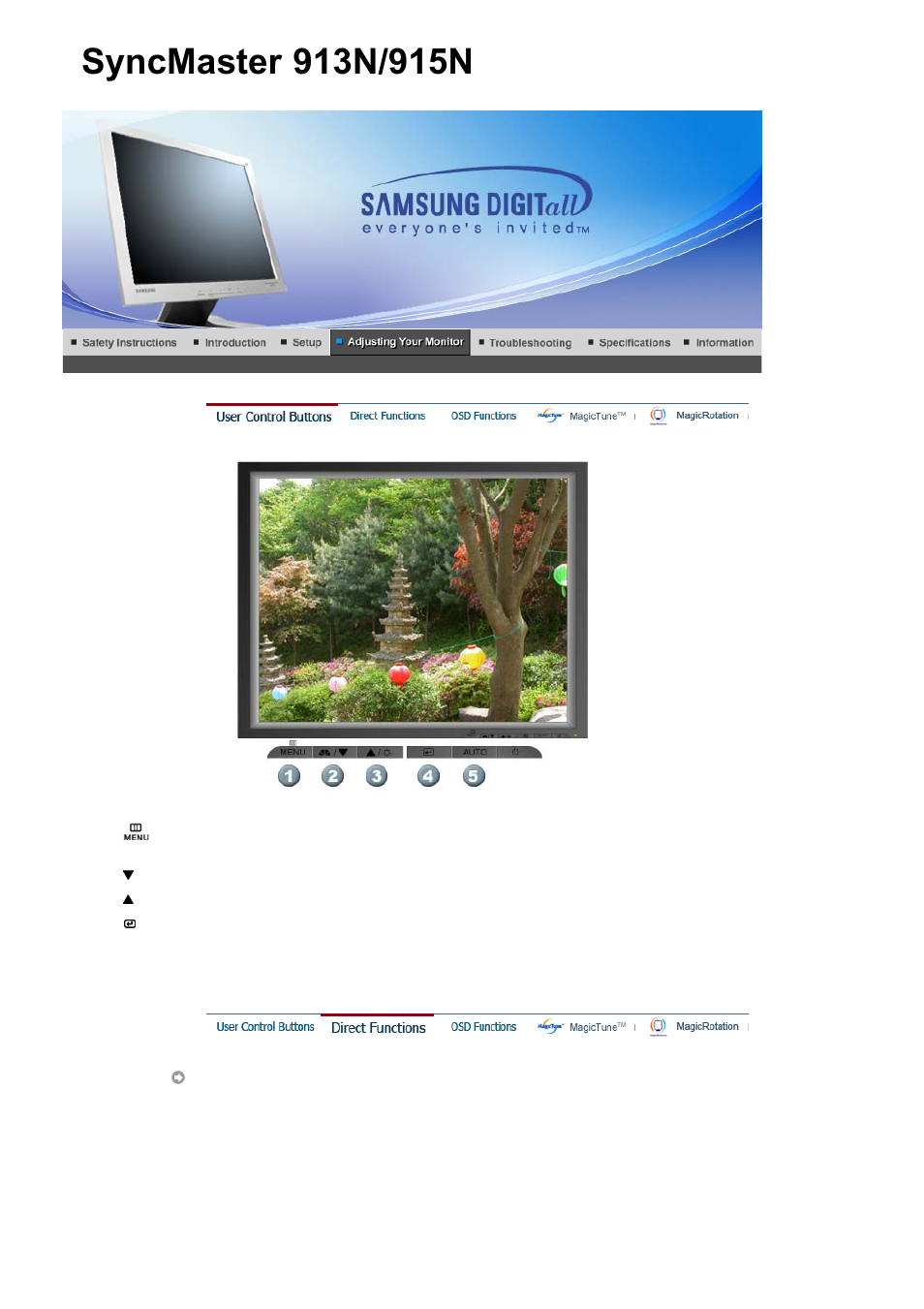 Syncmaster 913n / 915n, User controls buttons, Direct functions | Syncmaster 912t / 913t / 913b / 901b | Samsung SYNCMASTER 901B User Manual | Page 35 / 111