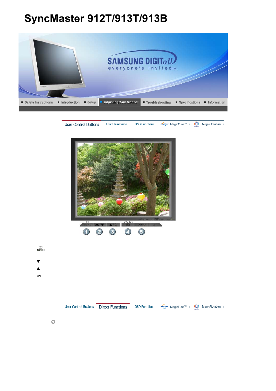 User controls buttons, Direct functions | Samsung SYNCMASTER 901B User Manual | Page 42 / 111