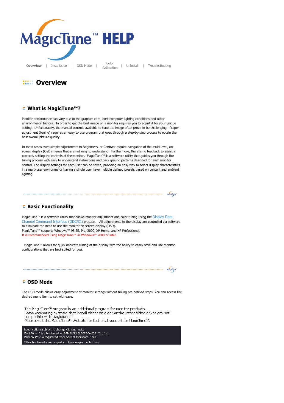 Magictune, Overview, What is magictune | Basic functionality, Osd mode | Samsung SYNCMASTER 901B User Manual | Page 50 / 111