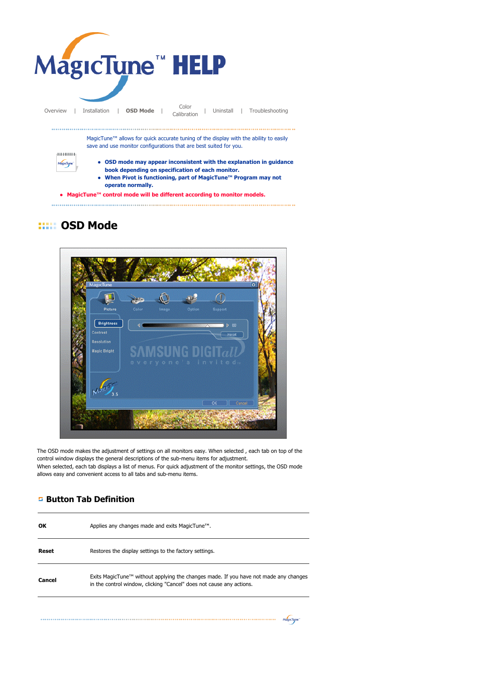 Osd mode, Button tab definition | Samsung SYNCMASTER 901B User Manual | Page 55 / 111