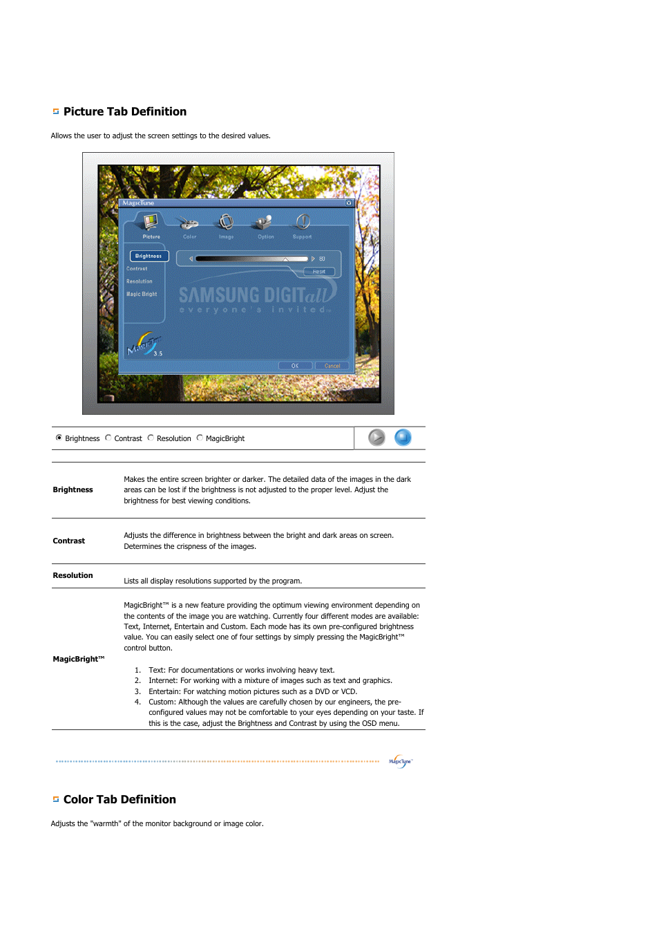 Picture tab definition, Color tab definition | Samsung SYNCMASTER 901B User Manual | Page 56 / 111