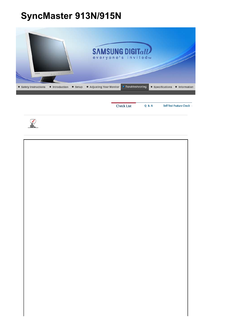 Troubleshooting, Syncmaster 913n / 915n, Check list | Q & a | Samsung SYNCMASTER 901B User Manual | Page 78 / 111