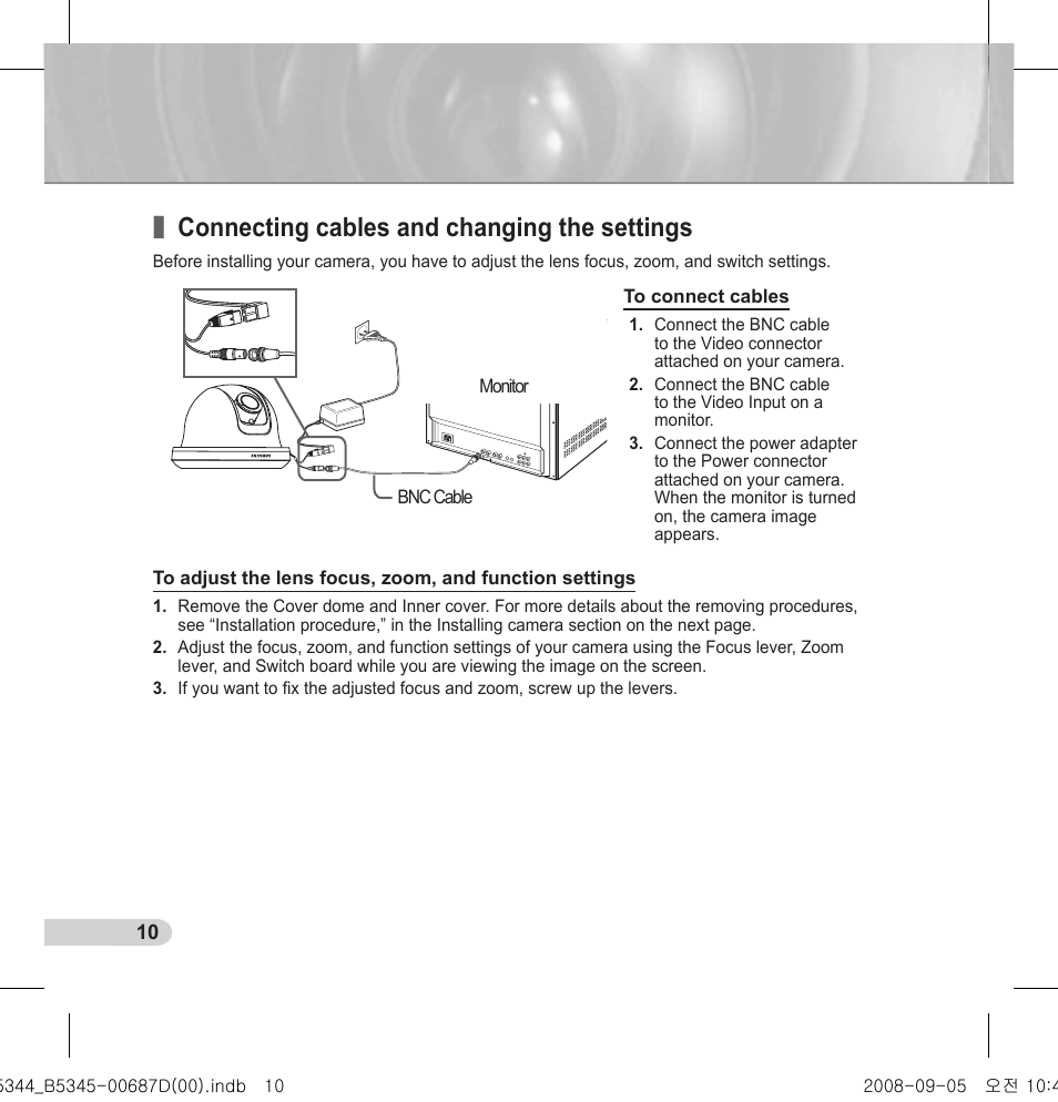 Connecting cables and changing the settings | Samsung SCC-B5345 User Manual | Page 10 / 16