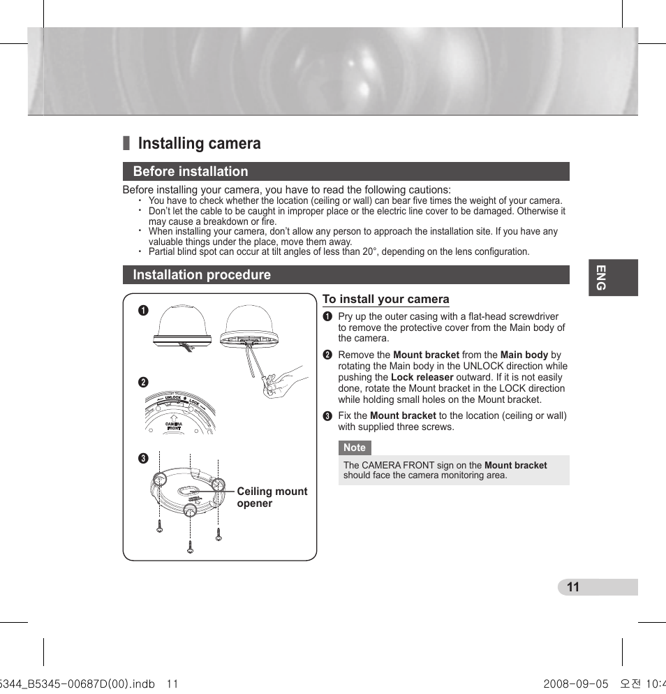 Installing camera, Before installation, Installation procedure | Samsung SCC-B5345 User Manual | Page 11 / 16