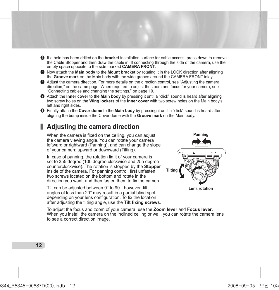 Adjusting the camera direction | Samsung SCC-B5345 User Manual | Page 12 / 16