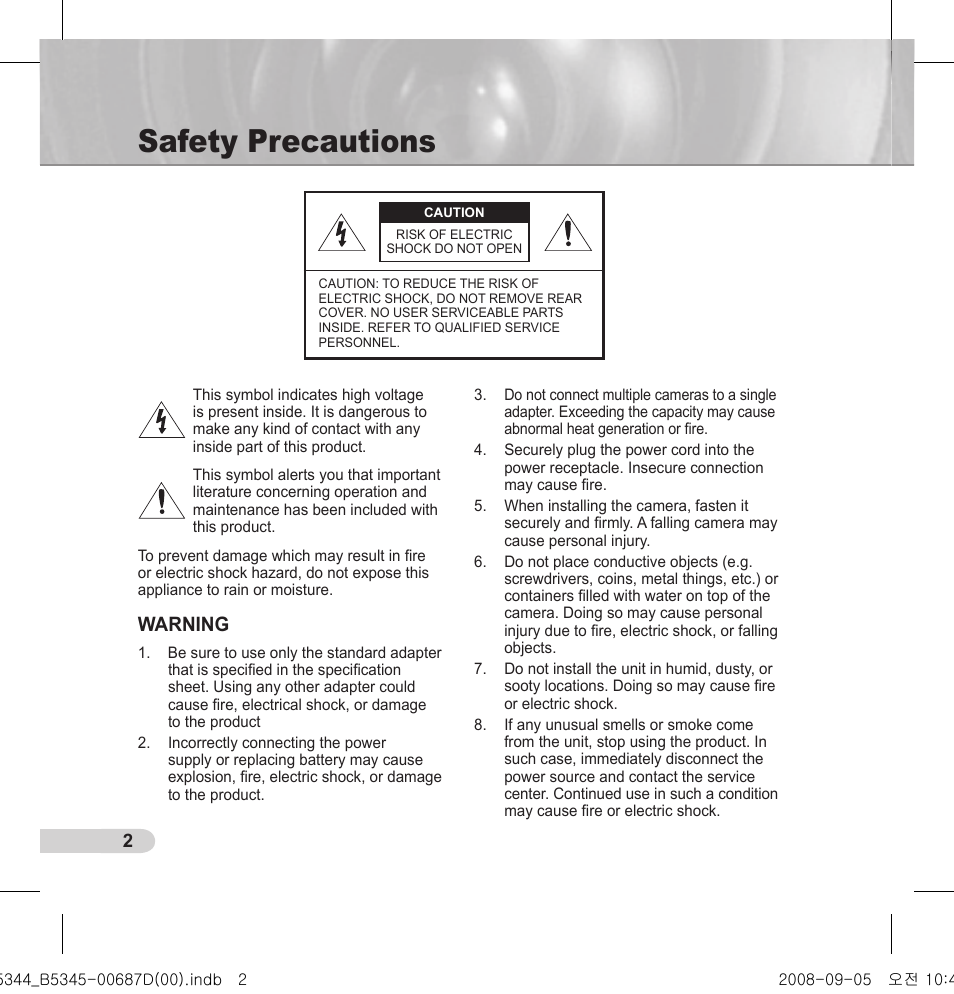 Safety precautions, Warning | Samsung SCC-B5345 User Manual | Page 2 / 16