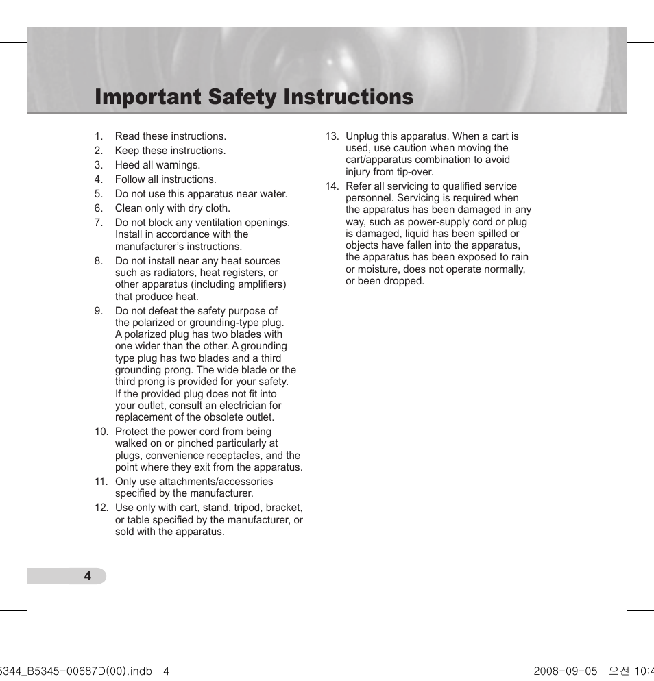 Important safety instructions | Samsung SCC-B5345 User Manual | Page 4 / 16