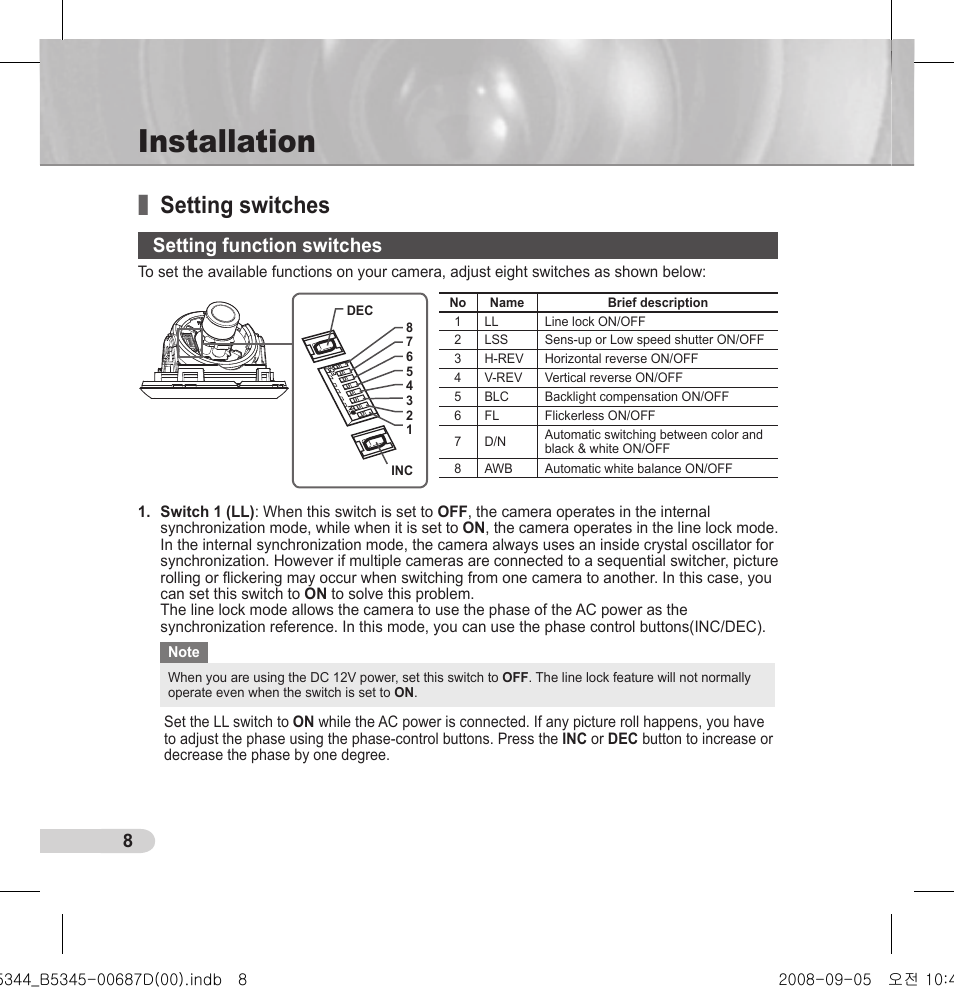 Installation, Setting switches, Setting function switches | Samsung SCC-B5345 User Manual | Page 8 / 16