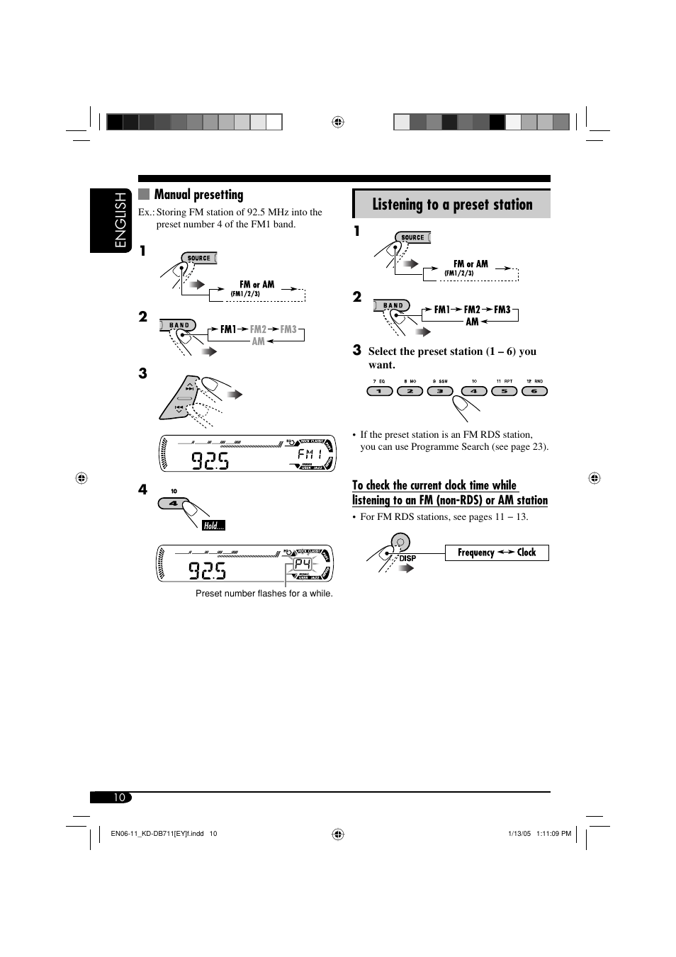 Listening to a preset station, English manual presetting | JVC KD-DB711 User Manual | Page 10 / 98