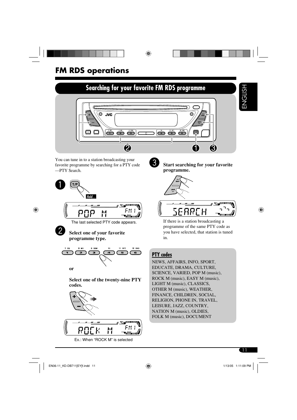 Fm rds operations, Searching for your favorite fm rds programme | JVC KD-DB711 User Manual | Page 11 / 98