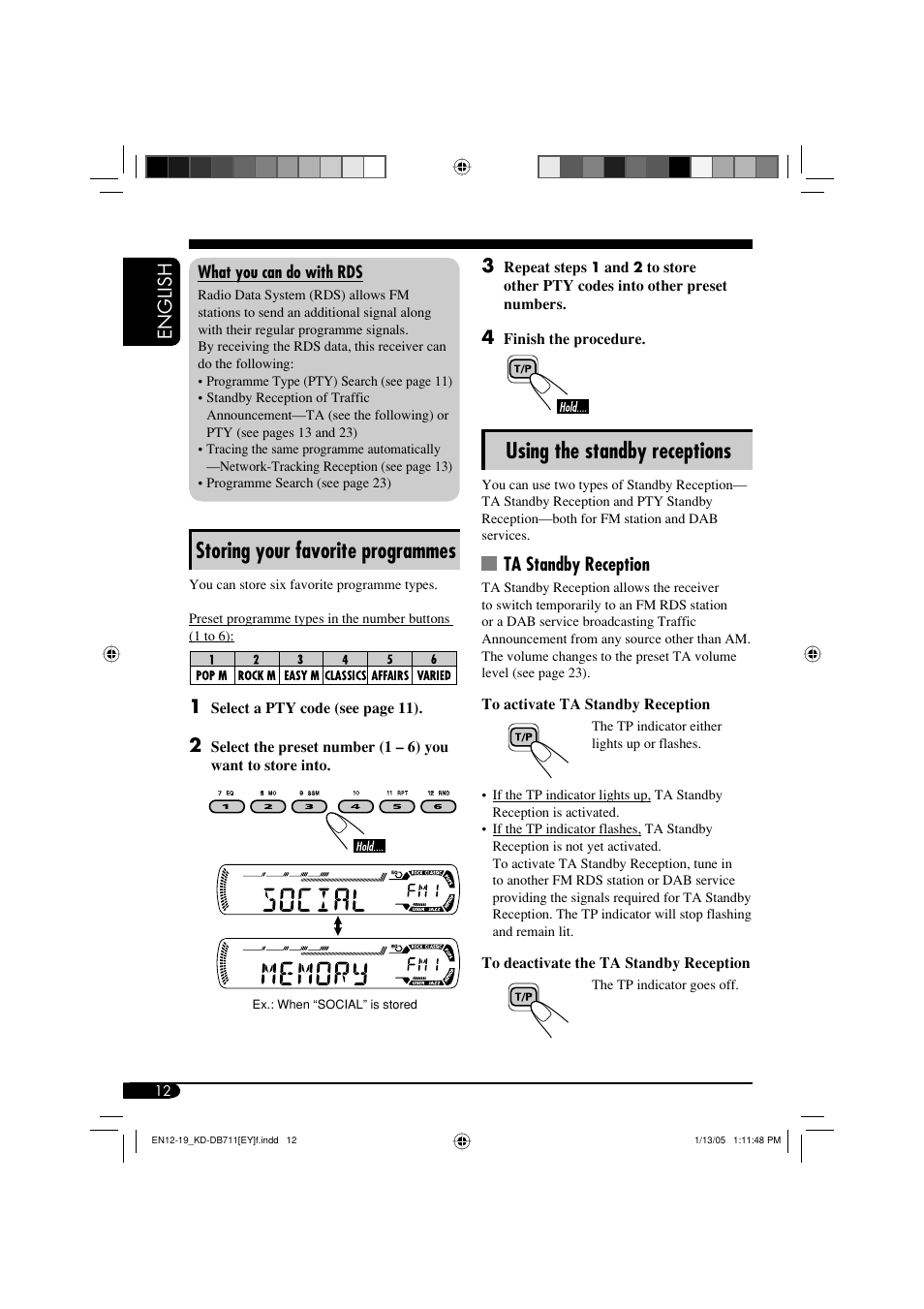 Storing your favorite programmes, Using the standby receptions, English | Ta standby reception | JVC KD-DB711 User Manual | Page 12 / 98