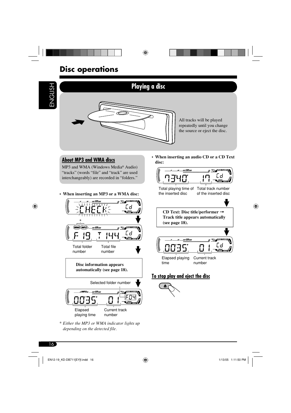 Disc operations, Playing a disc, English | About mp3 and wma discs | JVC KD-DB711 User Manual | Page 16 / 98