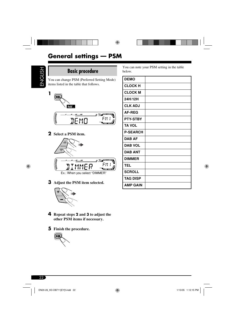 General settings — psm, Basic procedure, English | JVC KD-DB711 User Manual | Page 22 / 98