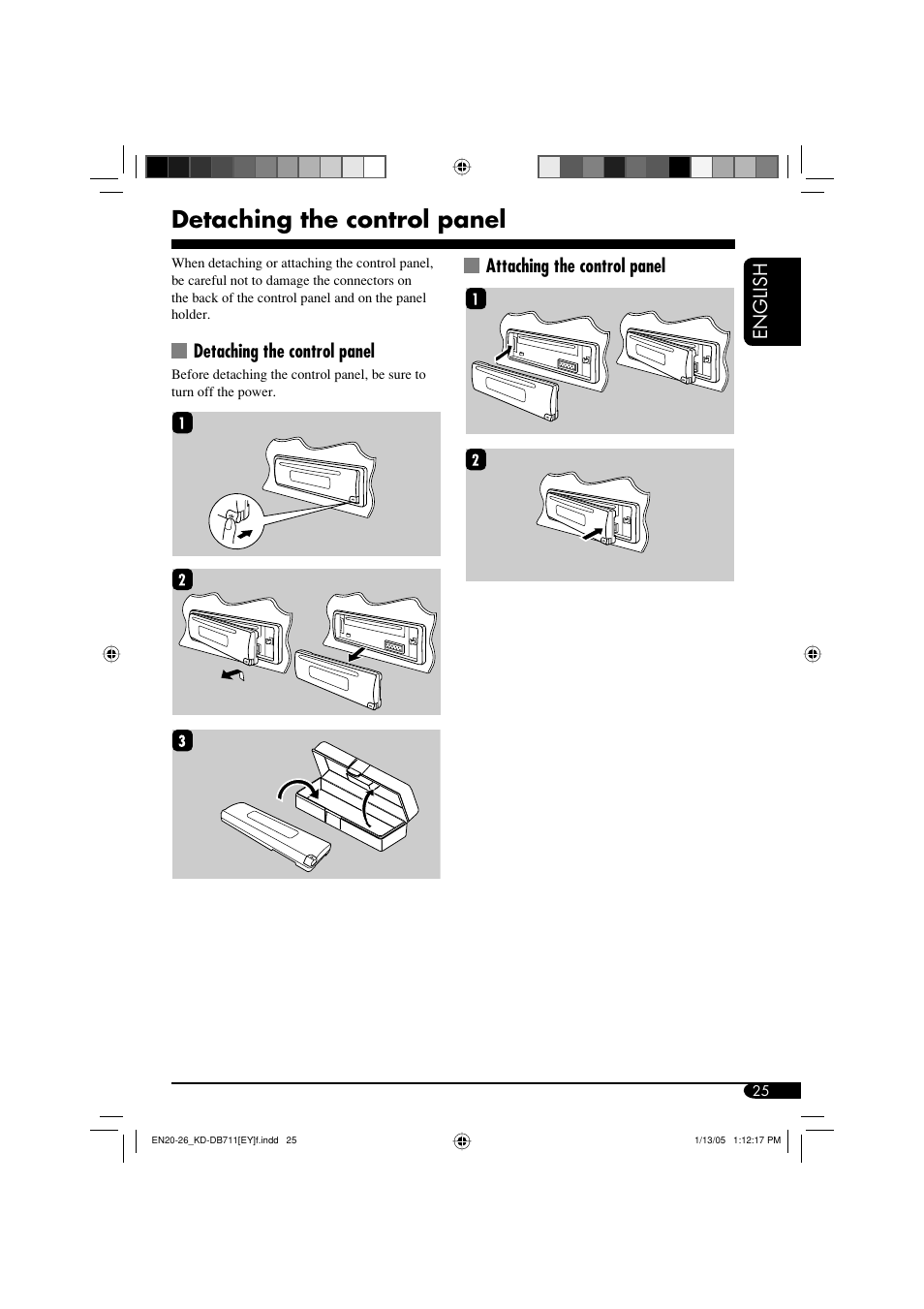 English, Detaching the control panel, Attaching the control panel | JVC KD-DB711 User Manual | Page 25 / 98