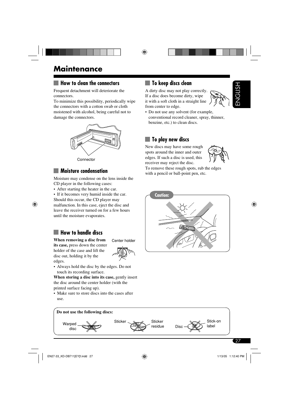 Maintenance, English, How to clean the connectors | Moisture condensation, How to handle discs | JVC KD-DB711 User Manual | Page 27 / 98