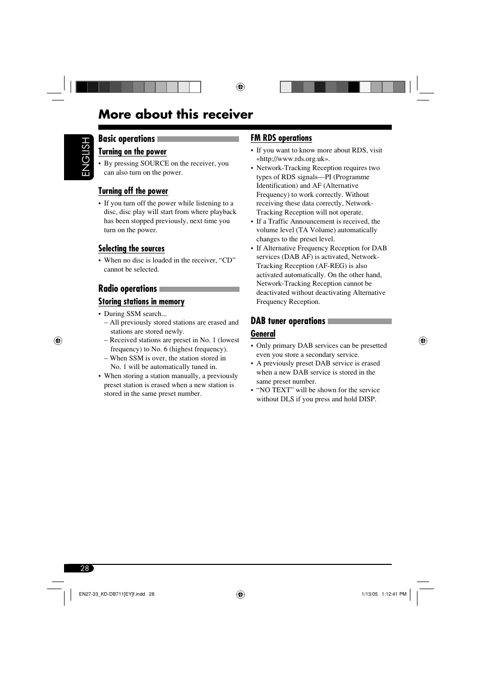 More about this receiver, English, Basic operations | Radio operations, Dab tuner operations | JVC KD-DB711 User Manual | Page 28 / 98