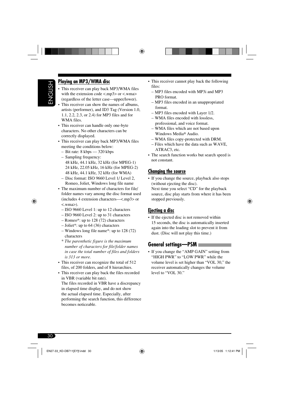 English, General settings—psm | JVC KD-DB711 User Manual | Page 30 / 98