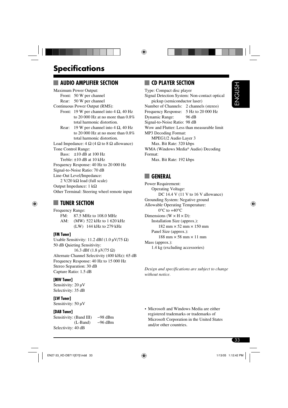 Specifications, English, General | JVC KD-DB711 User Manual | Page 33 / 98