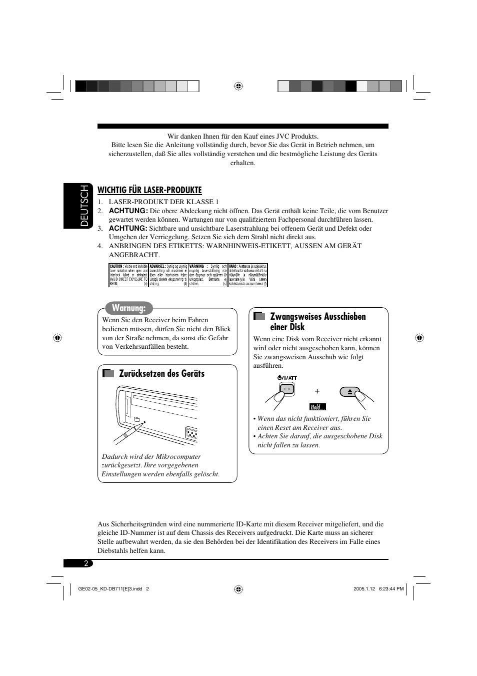 Deutsch, Zwangsweises ausschieben einer disk, Warnung | Zurücksetzen des geräts | JVC KD-DB711 User Manual | Page 34 / 98