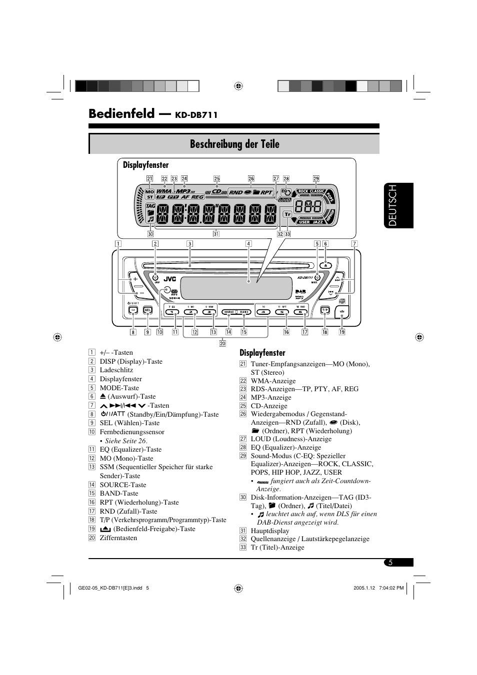 Bedienfeld, Beschreibung der teile, Deutsch | JVC KD-DB711 User Manual | Page 37 / 98