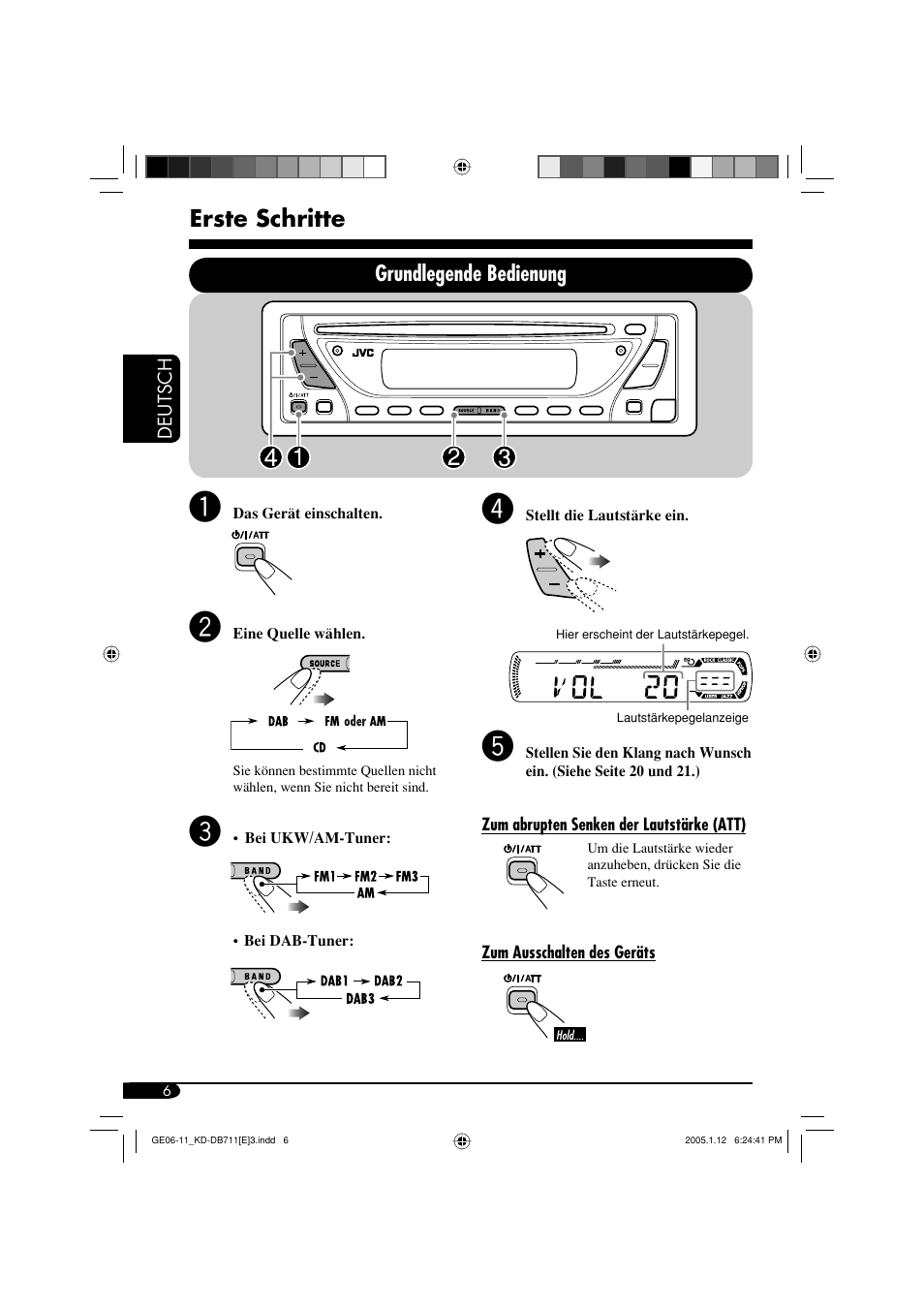 Erste schritte, Grundlegende bedienung | JVC KD-DB711 User Manual | Page 38 / 98