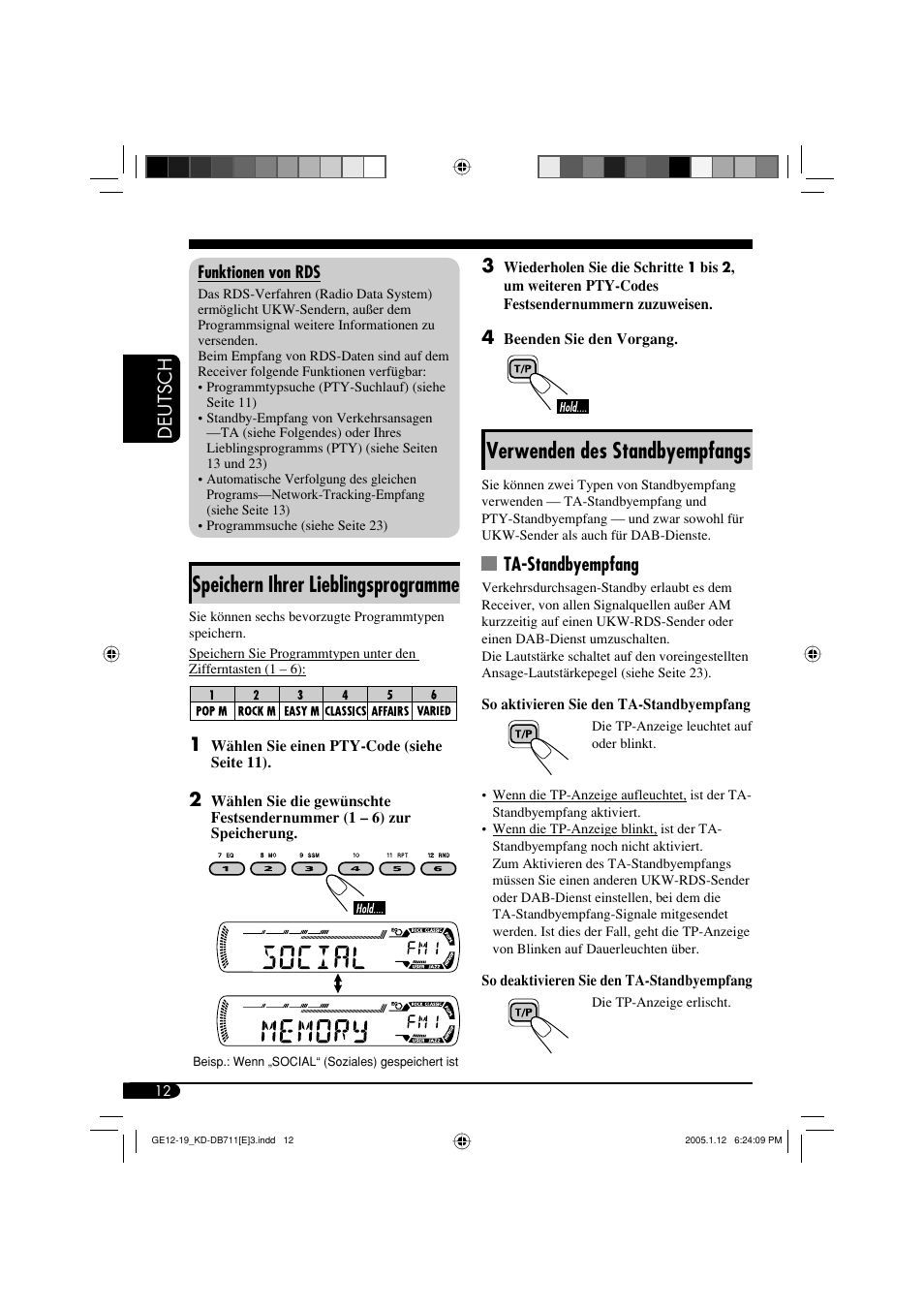 Speichern ihrer lieblingsprogramme, Verwenden des standbyempfangs, Deutsch | Ta-standbyempfang | JVC KD-DB711 User Manual | Page 44 / 98