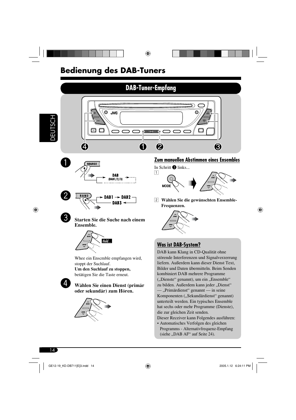 Bedienung des dab-tuners, Dab-tuner-empfang | JVC KD-DB711 User Manual | Page 46 / 98