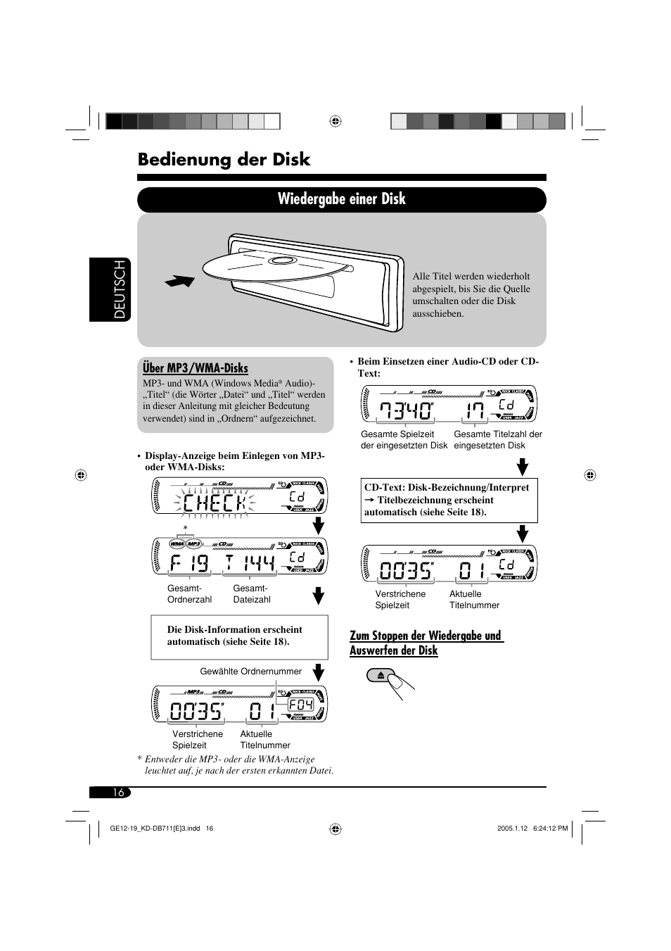 Bedienung der disk, Wiedergabe einer disk, Deutsch | Zum stoppen der wiedergabe und auswerfen der disk, Über mp3/wma-disks | JVC KD-DB711 User Manual | Page 48 / 98
