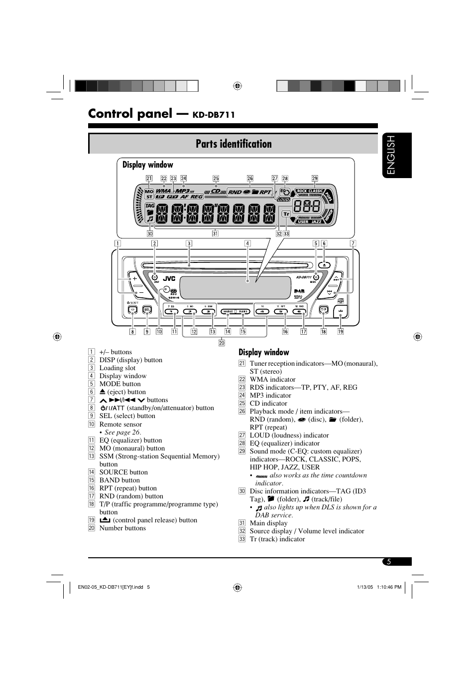 Control panel, Parts identification, English | JVC KD-DB711 User Manual | Page 5 / 98