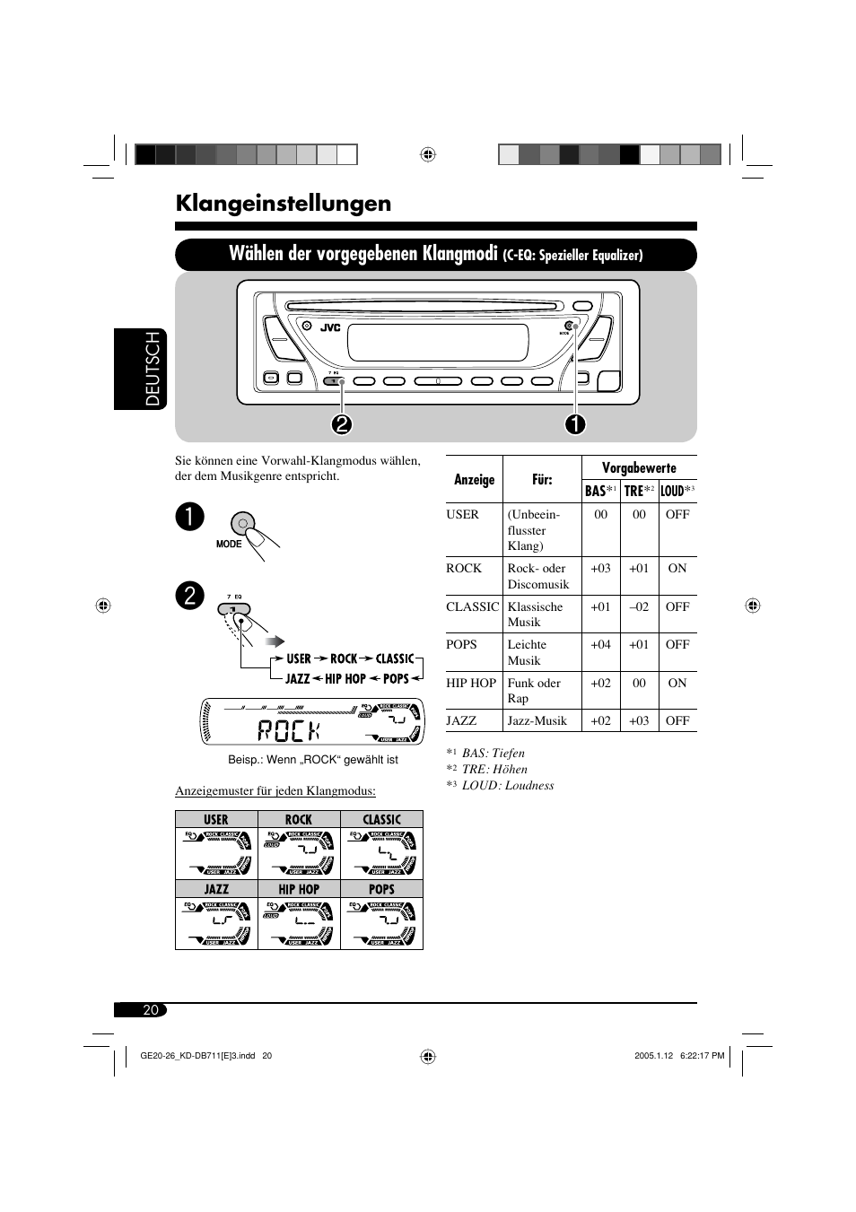 Klangeinstellungen, Wählen der vorgegebenen klangmodi, Deutsch | JVC KD-DB711 User Manual | Page 52 / 98