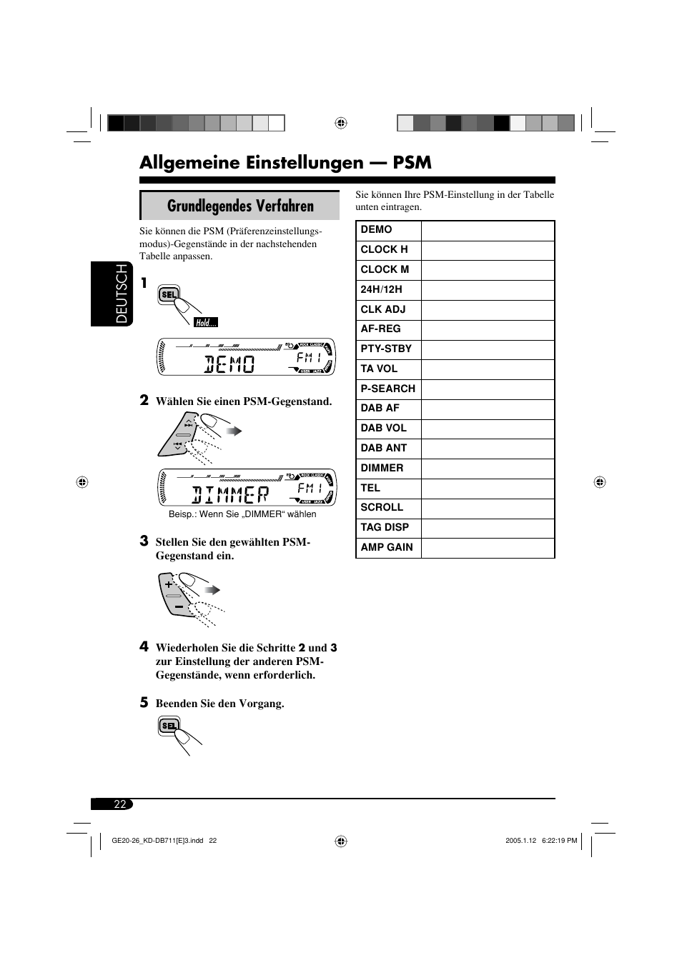 Allgemeine einstellungen — psm, Grundlegendes verfahren, Deutsch | JVC KD-DB711 User Manual | Page 54 / 98