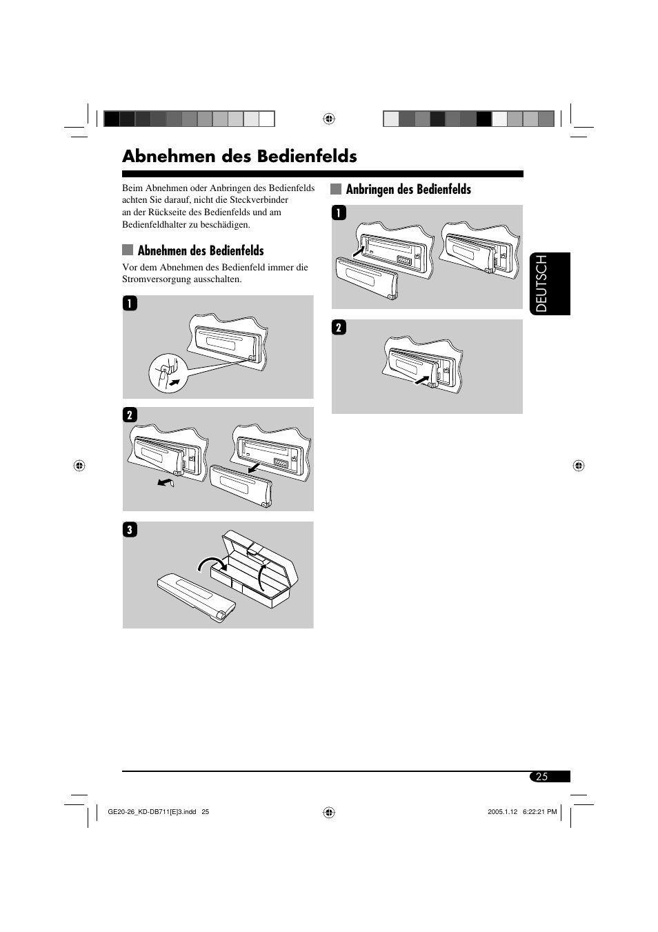 Deutsch, Abnehmen des bedienfelds, Anbringen des bedienfelds | JVC KD-DB711 User Manual | Page 57 / 98