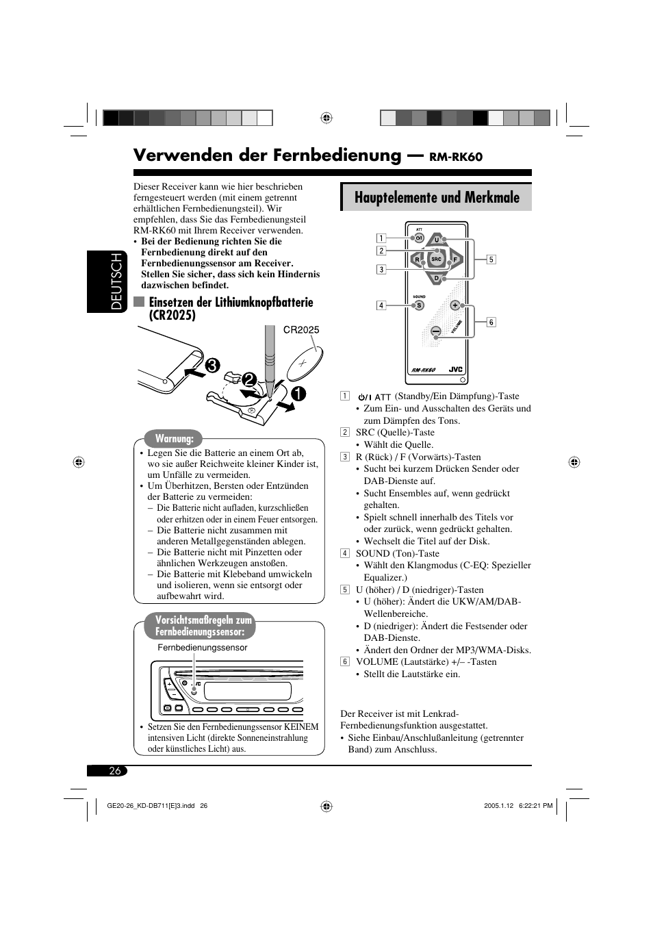 Verwenden der fernbedienung, Hauptelemente und merkmale, Deutsch | Einsetzen der lithiumknopfbatterie (cr2025) | JVC KD-DB711 User Manual | Page 58 / 98