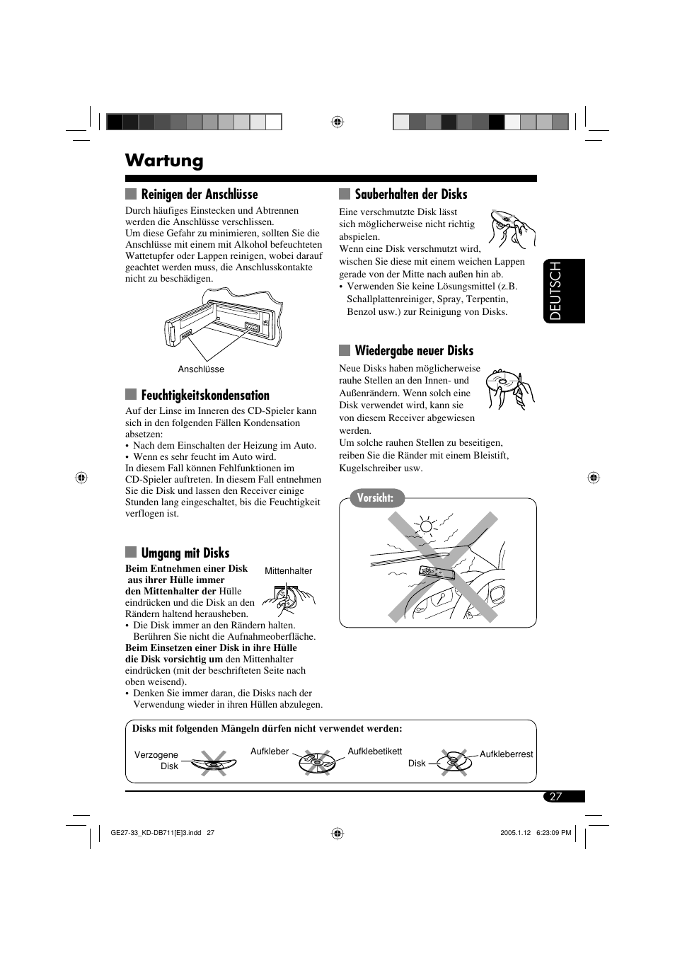 Wartung, Deutsch, Reinigen der anschlüsse | Feuchtigkeitskondensation, Umgang mit disks, Sauberhalten der disks, Wiedergabe neuer disks | JVC KD-DB711 User Manual | Page 59 / 98