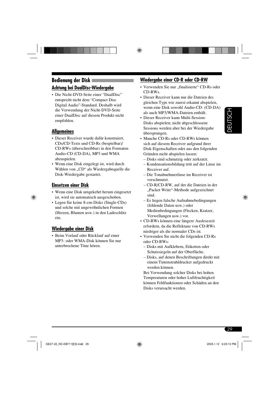 Deutsch, Bedienung der disk | JVC KD-DB711 User Manual | Page 61 / 98