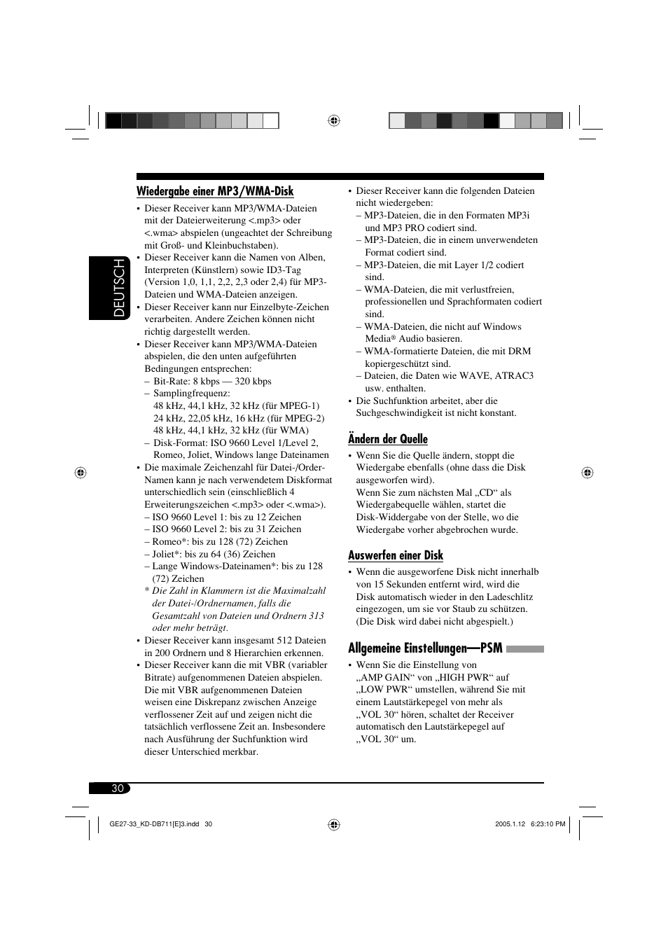 Deutsch, Allgemeine einstellungen—psm | JVC KD-DB711 User Manual | Page 62 / 98