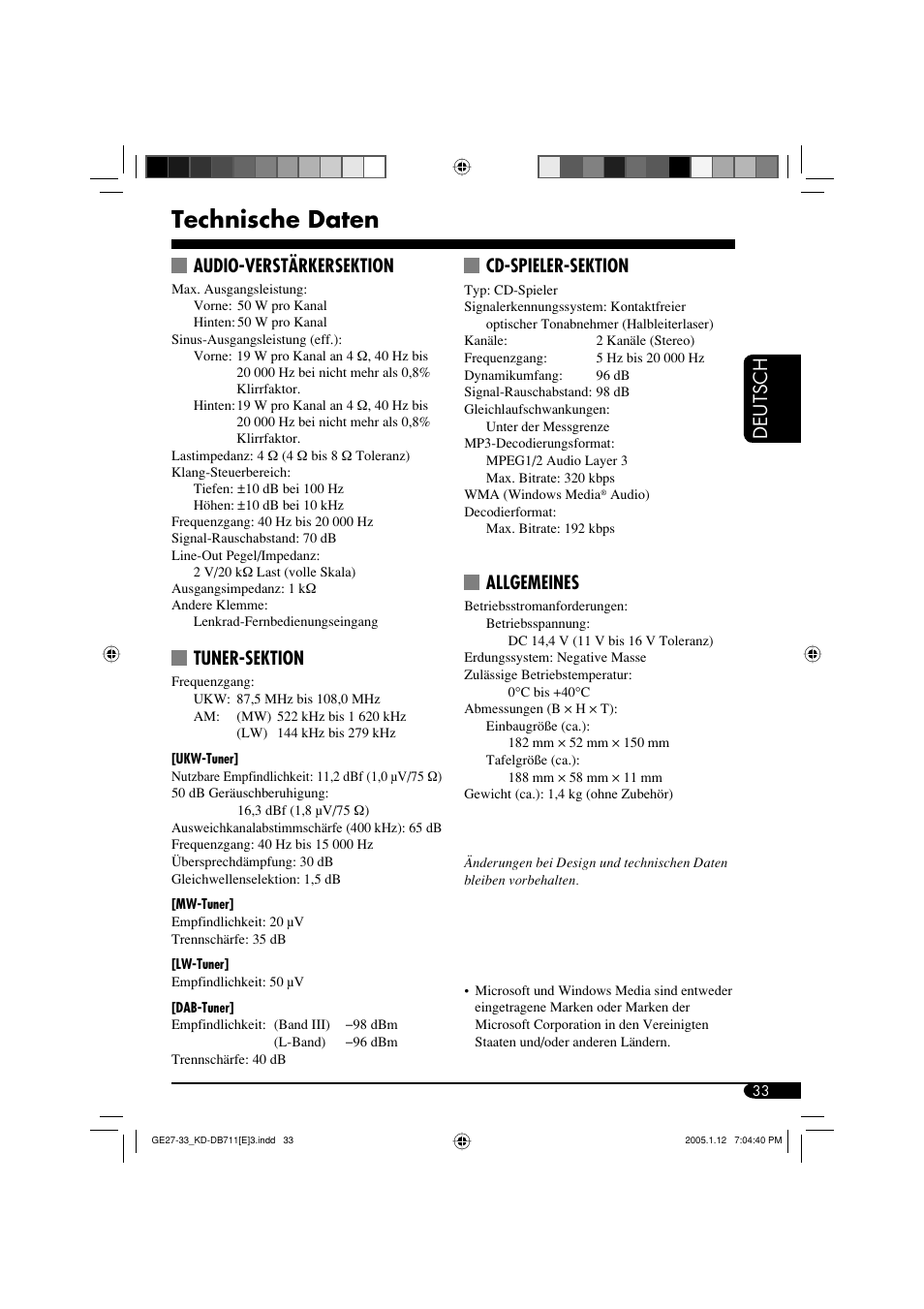 Technische daten, Deutsch, Audio-verstärkersektion | Tuner-sektion, Cd-spieler-sektion, Allgemeines | JVC KD-DB711 User Manual | Page 65 / 98