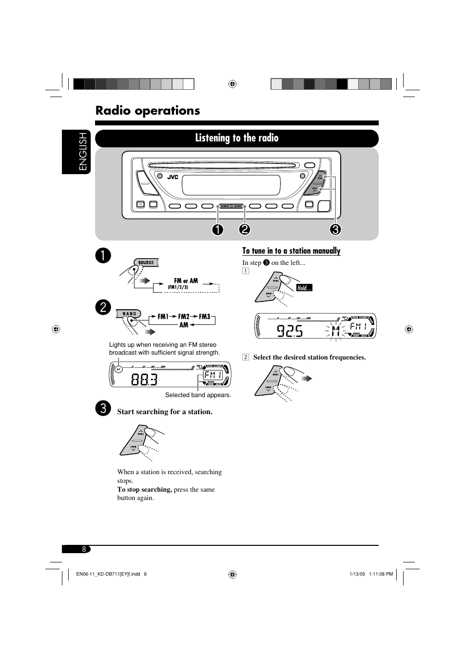 Radio operations, Listening to the radio | JVC KD-DB711 User Manual | Page 8 / 98