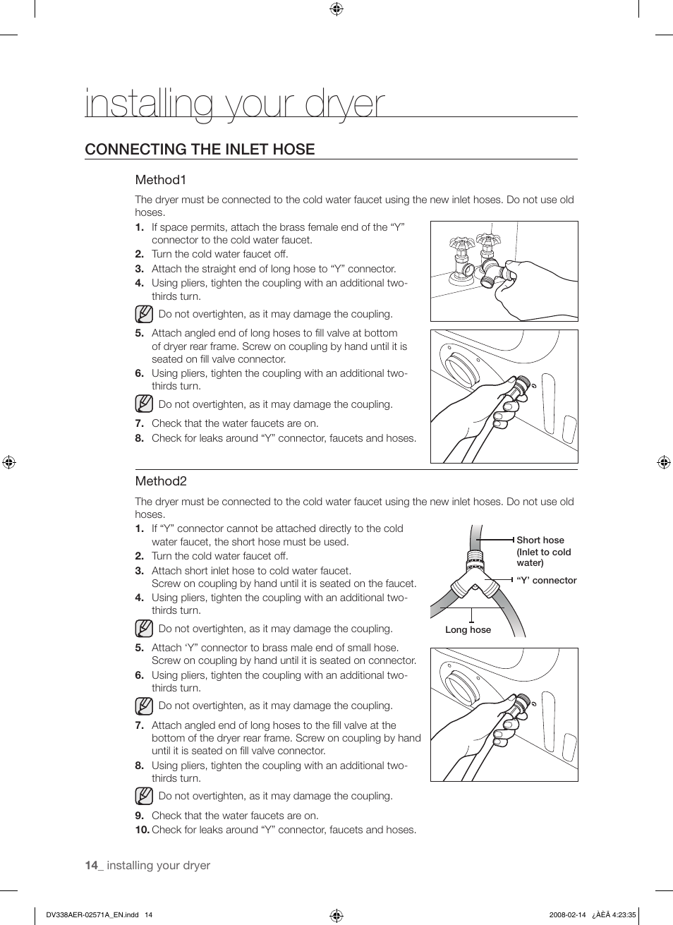 Installing your dryer, Connecting the inlet hose | Samsung DV338AEW User Manual | Page 14 / 36