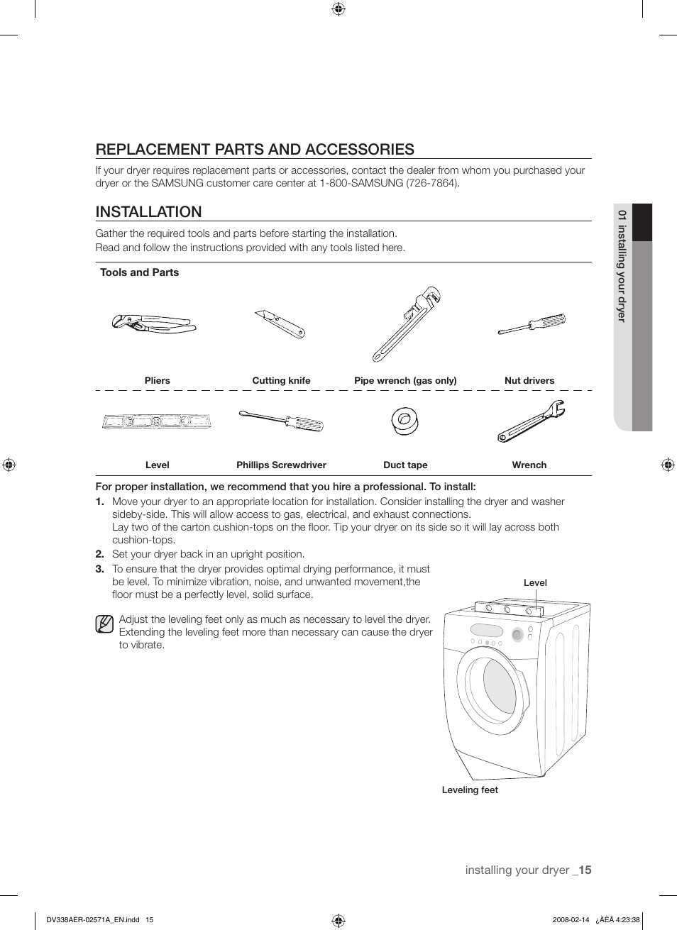 Replacement parts and accessories, Installation | Samsung DV338AEW User Manual | Page 15 / 36