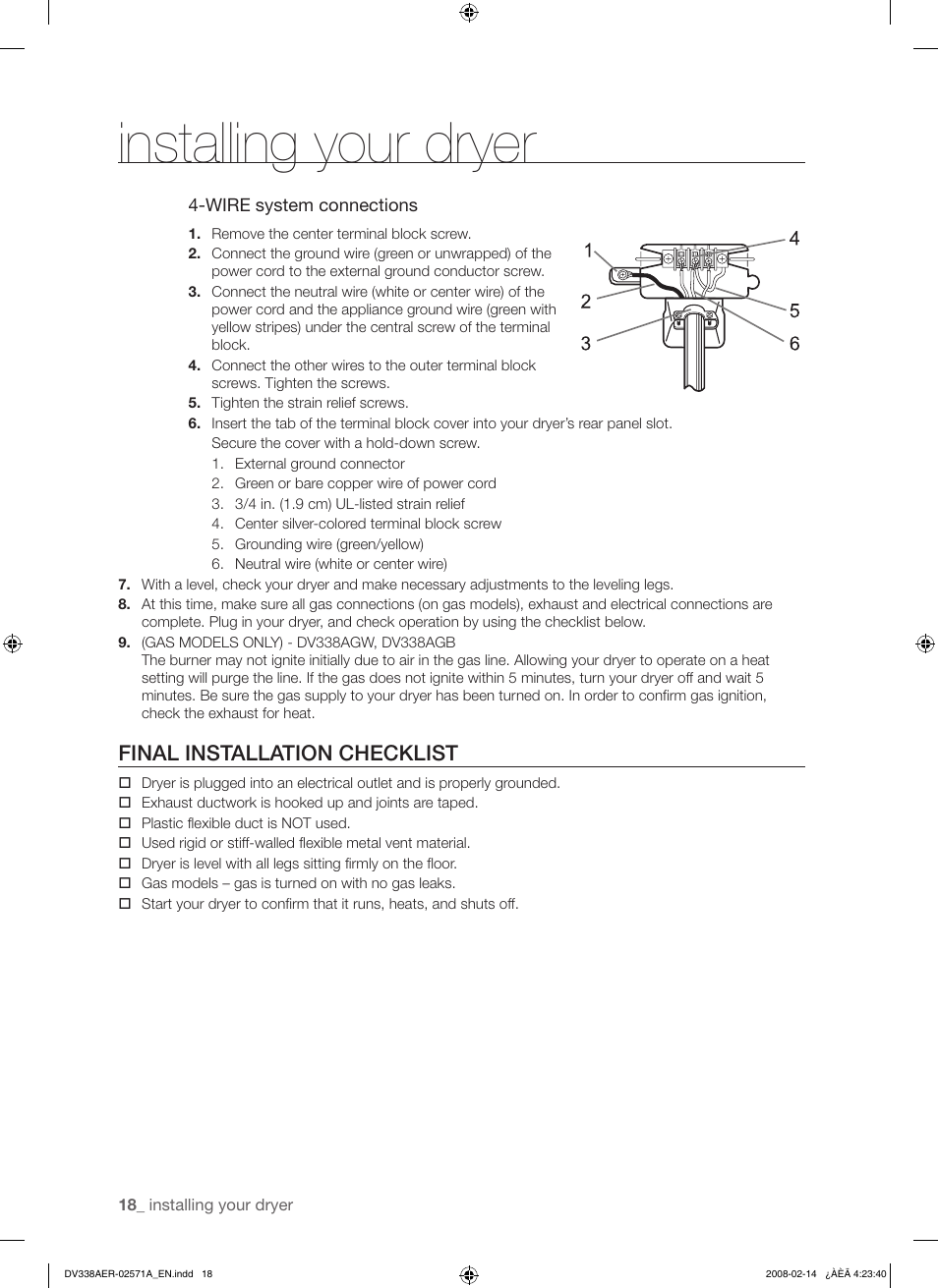 Installing your dryer, Final installation checklist | Samsung DV338AEW User Manual | Page 18 / 36
