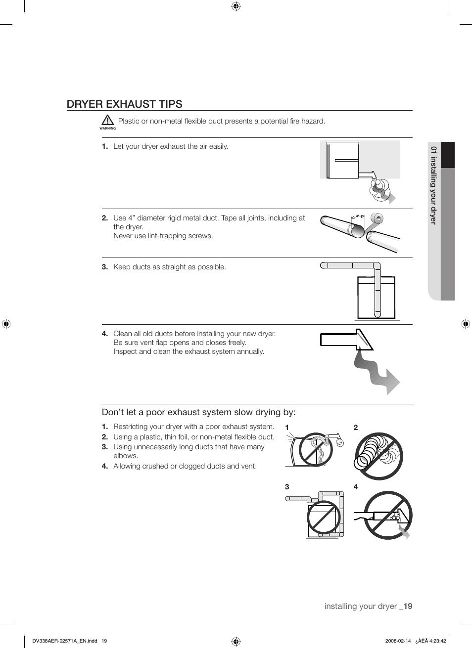 Dryer exhaust tips | Samsung DV338AEW User Manual | Page 19 / 36
