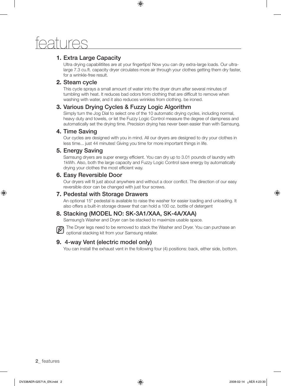 Features | Samsung DV338AEW User Manual | Page 2 / 36