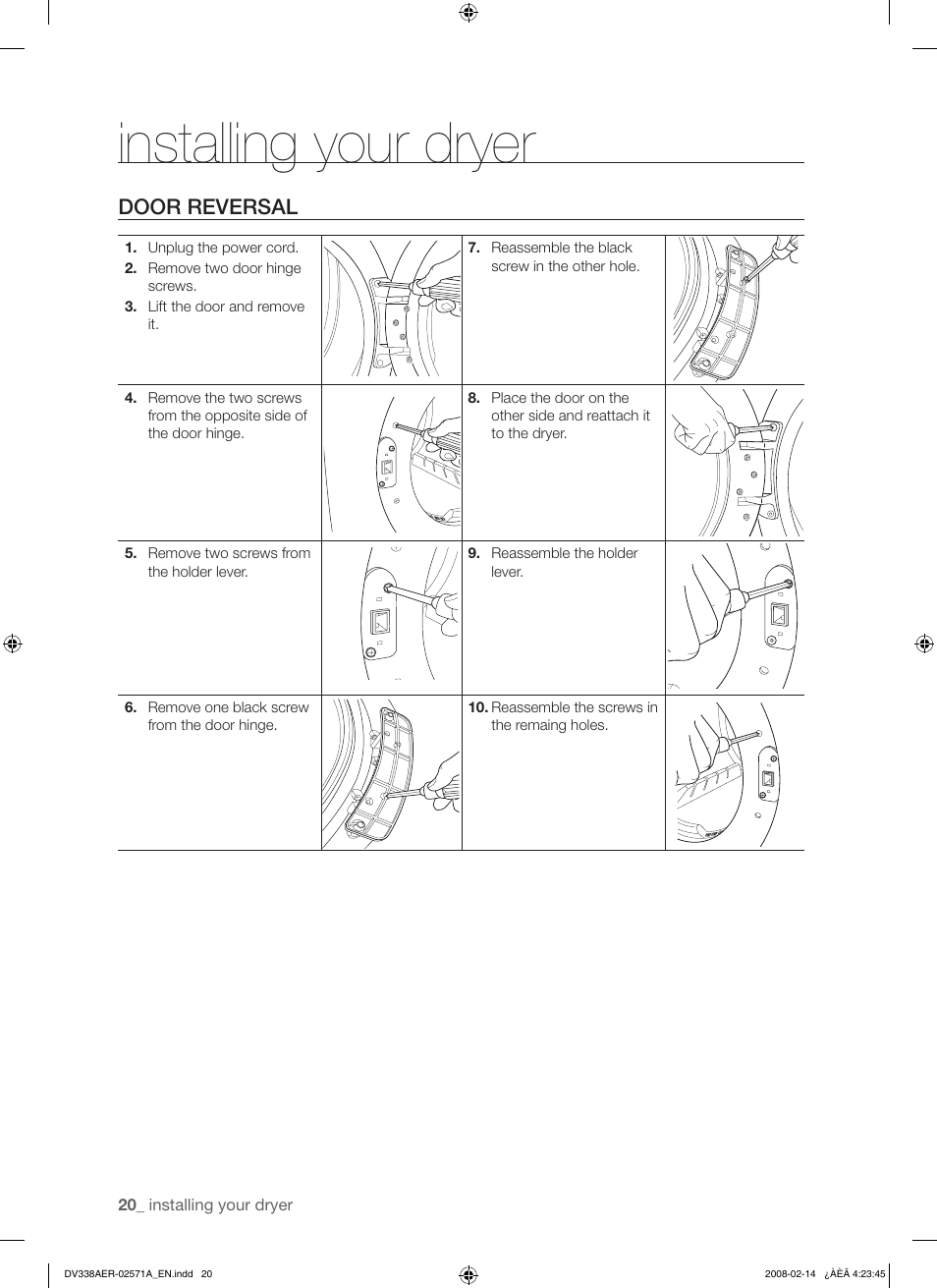 Installing your dryer, Door reversal | Samsung DV338AEW User Manual | Page 20 / 36