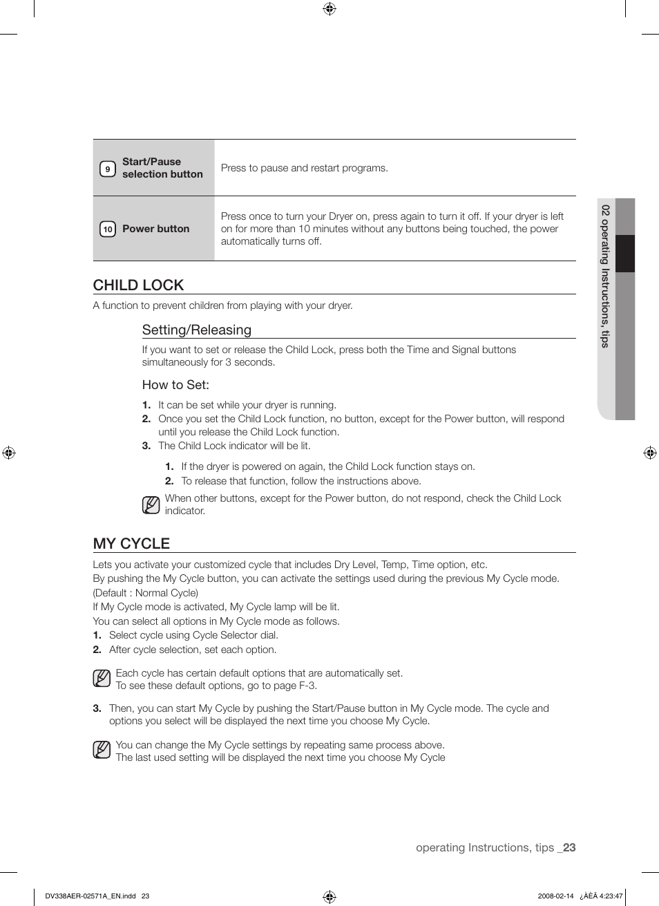 Child lock, My cycle, Setting/releasing | Samsung DV338AEW User Manual | Page 23 / 36
