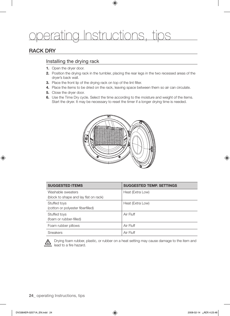 Operating instructions, tips, Rack dry, Installing the drying rack | Samsung DV338AEW User Manual | Page 24 / 36