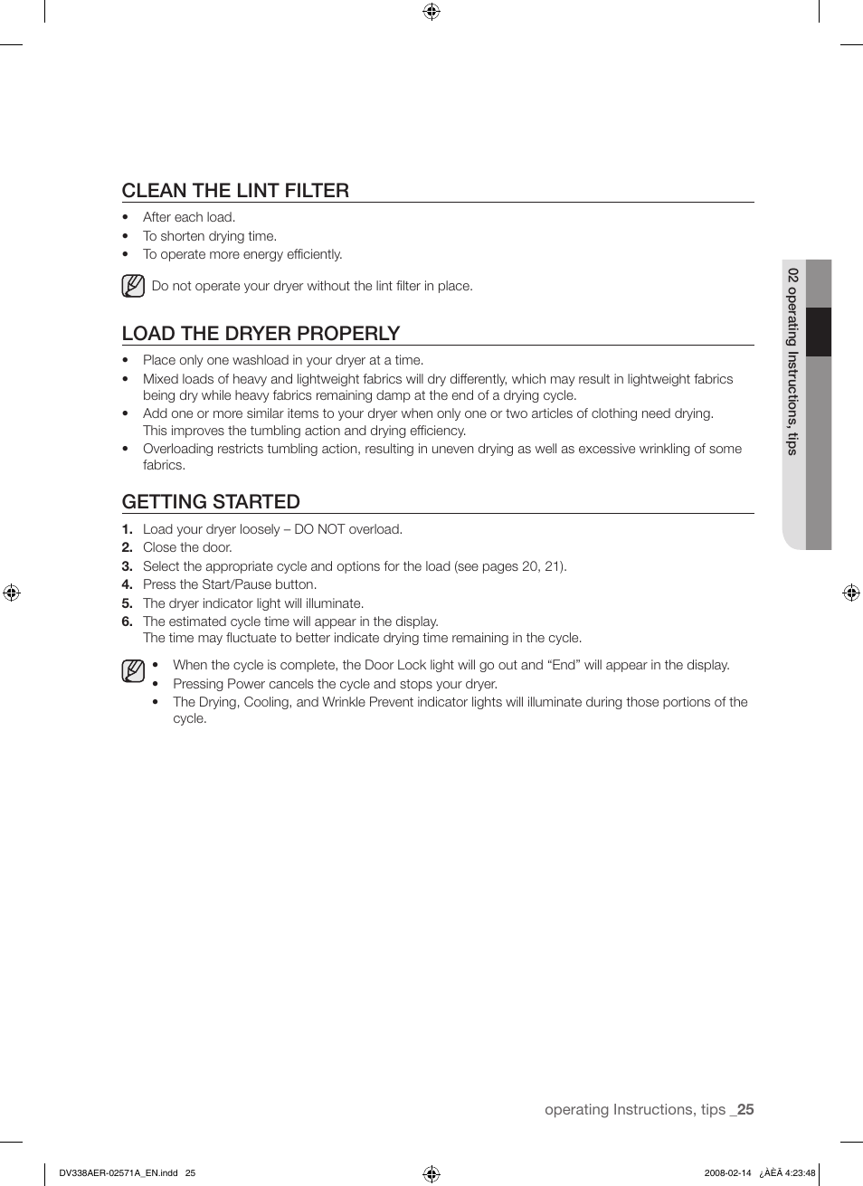 Clean the lint filter, Load the dryer properly, Getting started | Samsung DV338AEW User Manual | Page 25 / 36